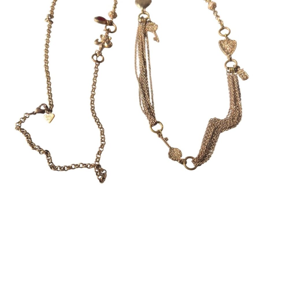 Cookie Lee Gold Tone Long Multi Chain Necklace Heart Key Fleur-De-Lis Charms 42"